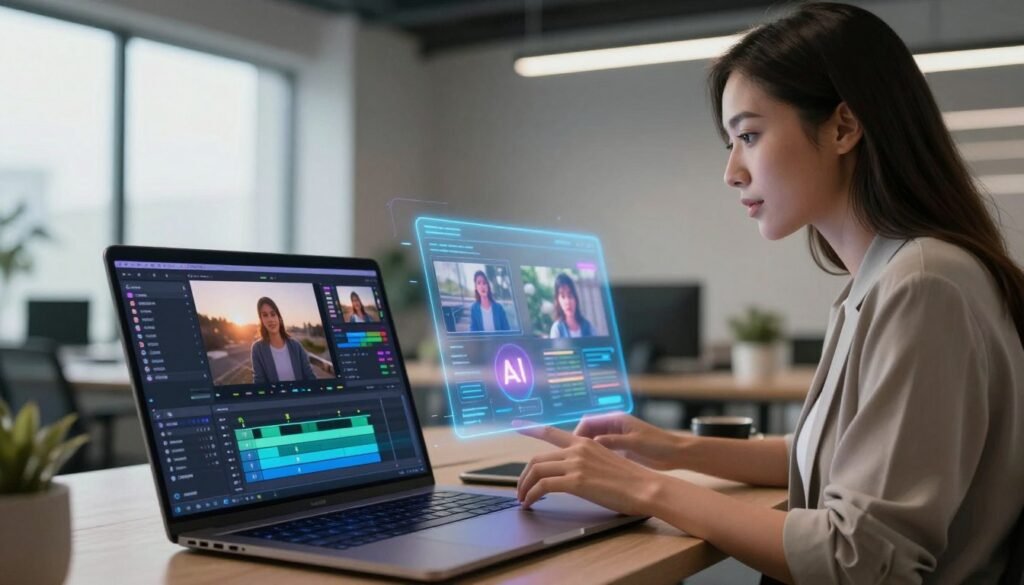 A modern digital workspace showcasing AI video generation features. In the foreground, a sleek laptop displaying vibrant video editing software with dynamic timelines and intuitive AI tools. A professional woman in smart casual clothing, engaged in editing a video, with focused expression. In the middle ground, digital holograms illustrating AI capabilities like automated scene transitions and voice synthesis, emanating from the laptop. The background features a stylish office with soft, diffused lighting filtering through large windows, creating an inviting and productive atmosphere. The overall mood is innovative and forward-looking, reflecting the cutting-edge technology of Invideo's AI-powered features. A modern digital workspace showcasing AI video generation features. In the foreground, a sleek laptop displaying vibrant video editing software with dynamic timelines and intuitive AI tools. A professional woman in smart casual clothing, engaged in editing a video, with focused expression. In the middle ground, digital holograms illustrating AI capabilities like automated scene transitions and voice synthesis, emanating from the laptop. The background features a stylish office with soft, diffused lighting filtering through large windows, creating an inviting and productive atmosphere. The overall mood is innovative and forward-looking, reflecting the cutting-edge technology of Invideo's AI-powered features.