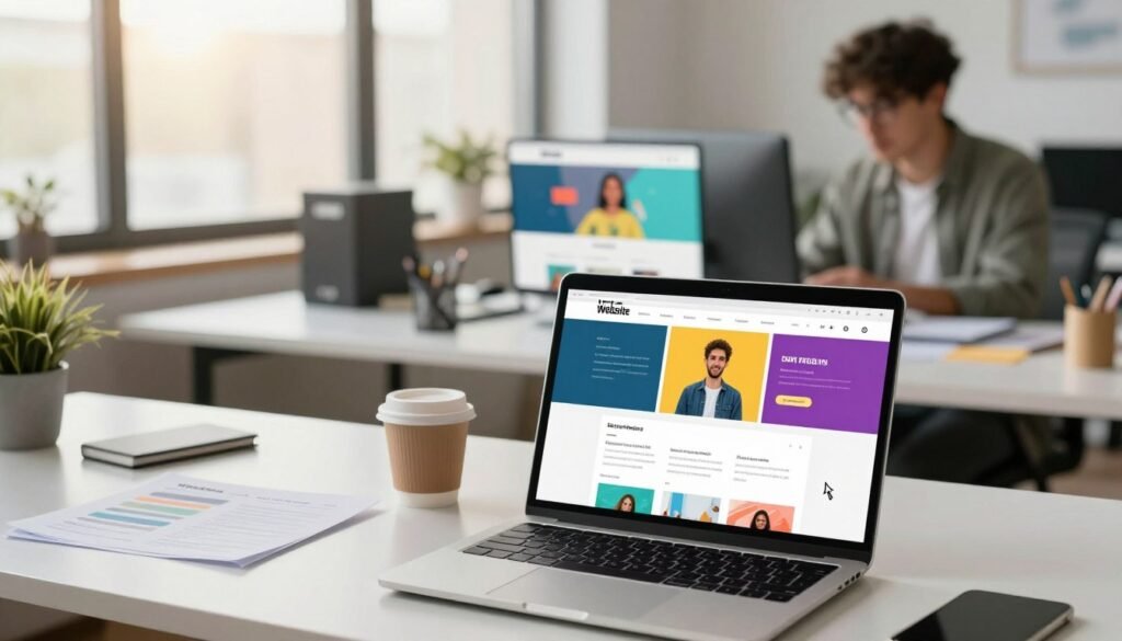 A modern digital workspace showcasing a drag-and-drop website builder interface, with colorful website templates being assembled. In the foreground, a sleek laptop displays a user-friendly design interface, with a cursor dragging and dropping elements like images and text boxes. The middle layer features a bright, inviting desk with various design tools and a coffee cup, while a professional individual in smart casual attire works intently, appearing engaged in the creation process. The background should depict a contemporary office environment, with large windows letting in soft, natural light, adding warmth to the scene. The mood is productive and innovative, emphasizing creativity and ease of use in building a website. A modern digital workspace showcasing a drag-and-drop website builder interface, with colorful website templates being assembled. In the foreground, a sleek laptop displays a user-friendly design interface, with a cursor dragging and dropping elements like images and text boxes. The middle layer features a bright, inviting desk with various design tools and a coffee cup, while a professional individual in smart casual attire works intently, appearing engaged in the creation process. The background should depict a contemporary office environment, with large windows letting in soft, natural light, adding warmth to the scene. The mood is productive and innovative, emphasizing creativity and ease of use in building a website.
