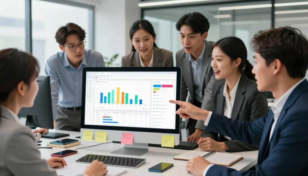 A modern digital workspace showcasing core social media management features. In the foreground, a computer screen displays a sleek dashboard with colorful graphs, scheduling tools, and analytics. A professional, diverse group of individuals in business attire is collaborating, pointing at the screen with expressions of focus and excitement. The middle ground features a well-organized desk with smartphones, notebooks, and colorful post-it notes, creating a vibrant yet professional atmosphere. The background includes a sleek, modern office environment with large windows letting in soft natural light, enhancing the productivity vibe. The overall mood is energetic and innovative, capturing the essence of a powerful social media strategy. A modern digital workspace showcasing core social media management features. In the foreground, a computer screen displays a sleek dashboard with colorful graphs, scheduling tools, and analytics. A professional, diverse group of individuals in business attire is collaborating, pointing at the screen with expressions of focus and excitement. The middle ground features a well-organized desk with smartphones, notebooks, and colorful post-it notes, creating a vibrant yet professional atmosphere. The background includes a sleek, modern office environment with large windows letting in soft natural light, enhancing the productivity vibe. The overall mood is energetic and innovative, capturing the essence of a powerful social media strategy.