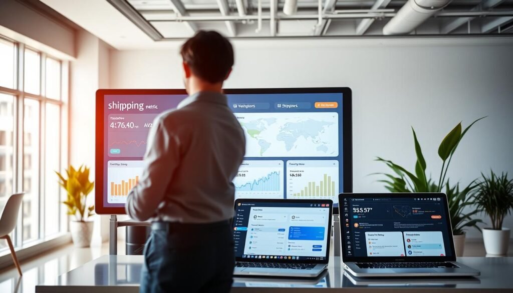 A modern, digital workspace showcasing shipping and tracking features related to e-commerce. In the foreground, a professional individual in business attire is interacting with a large touchscreen displaying various shipping metrics, such as delivery timelines and tracking maps. The middle ground features laptops and tablets with open shipping dashboards, highlighting real-time updates and notifications, all set against a clean, contemporary office backdrop with plants for a touch of greenery. The background includes a large window letting in natural light, creating an airy atmosphere. The overall mood is efficient and innovative, with a soft focus on the technology, emphasizing user-friendly design and effective solutions for better customer experience.