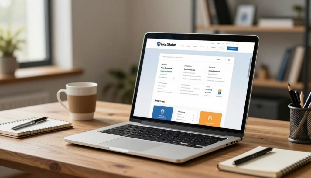 A modern e-commerce website interface displayed on a sleek laptop screen, showcasing various hosting features like performance stats, user-friendly dashboards, and security options. In the foreground, the laptop is resting on a stylish wooden desk cluttered with small business-related items such as a coffee cup, notepad, and stationery. The middle ground includes a cozy office environment with warm, natural lighting filtering through a nearby window, enhancing the productivity atmosphere. In the background, a blurred bookshelf with technology and business books creates a professional backdrop. The scene should convey a sense of professionalism and innovation, appealing to potential online business owners considering HostGator for their e-commerce needs. A modern e-commerce website interface displayed on a sleek laptop screen, showcasing various hosting features like performance stats, user-friendly dashboards, and security options. In the foreground, the laptop is resting on a stylish wooden desk cluttered with small business-related items such as a coffee cup, notepad, and stationery. The middle ground includes a cozy office environment with warm, natural lighting filtering through a nearby window, enhancing the productivity atmosphere. In the background, a blurred bookshelf with technology and business books creates a professional backdrop. The scene should convey a sense of professionalism and innovation, appealing to potential online business owners considering HostGator for their e-commerce needs.