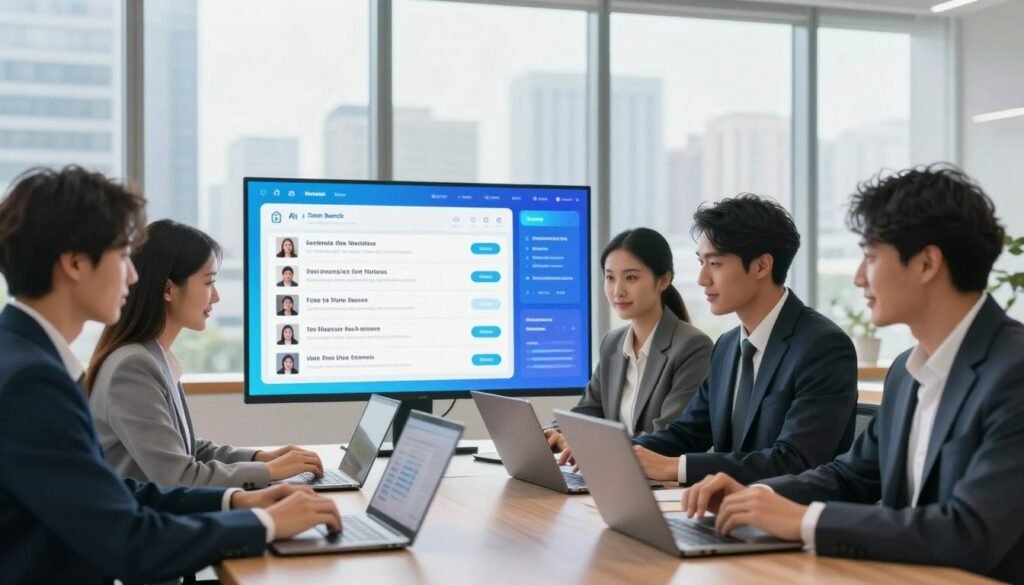 A modern, high-tech job search environment showcasing AI matching technology. In the foreground, a diverse group of professionals focused on their laptops, dressed in professional business attire, engaged in a virtual job search. In the middle, a sleek and interactive digital interface displaying job listings and AI analytics, with vibrant colors and intuitive design elements. The background features large windows with a city skyline, allowing natural light to illuminate the scene and create a bright, energetic atmosphere. The image should have a slightly blurred background, emphasizing the individuals in the foreground. Overall, the mood should be optimistic and dynamic, highlighting the innovative nature of modern job searches. Bright yet soft lighting with a focus on clarity and professionalism. A modern, high-tech job search environment showcasing AI matching technology. In the foreground, a diverse group of professionals focused on their laptops, dressed in professional business attire, engaged in a virtual job search. In the middle, a sleek and interactive digital interface displaying job listings and AI analytics, with vibrant colors and intuitive design elements. The background features large windows with a city skyline, allowing natural light to illuminate the scene and create a bright, energetic atmosphere. The image should have a slightly blurred background, emphasizing the individuals in the foreground. Overall, the mood should be optimistic and dynamic, highlighting the innovative nature of modern job searches. Bright yet soft lighting with a focus on clarity and professionalism.