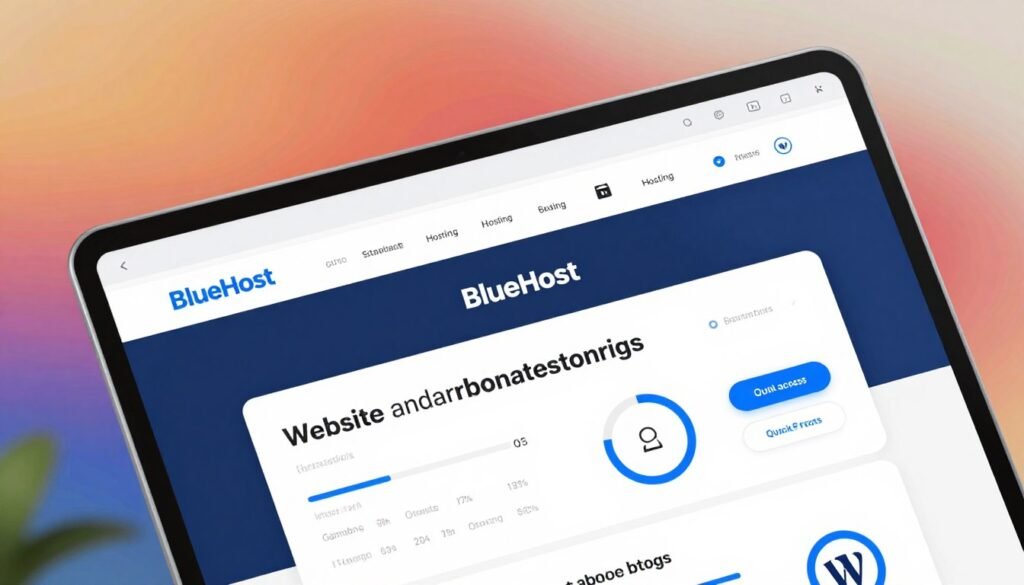 A modern hosting dashboard control panel, prominently featuring a user-friendly interface with a clean layout and vibrant color scheme reflecting BlueHost branding. In the foreground, display interactive widgets showing website statistics, performance metrics, and quick access buttons for WordPress integration. The middle layer includes a sleek navigation menu with icons for various hosting features, while the background showcases subtle gradients, symbolizing a digital workspace environment. Soft, diffused lighting enhances the tech-savvy atmosphere, evoking a sense of ease and professionalism. The angle is slightly elevated, capturing the dashboard from a dynamic perspective. Overall, the image should convey a mood of efficiency and simplicity, ideal for users looking to manage their web hosting effortlessly. A modern hosting dashboard control panel, prominently featuring a user-friendly interface with a clean layout and vibrant color scheme reflecting BlueHost branding. In the foreground, display interactive widgets showing website statistics, performance metrics, and quick access buttons for WordPress integration. The middle layer includes a sleek navigation menu with icons for various hosting features, while the background showcases subtle gradients, symbolizing a digital workspace environment. Soft, diffused lighting enhances the tech-savvy atmosphere, evoking a sense of ease and professionalism. The angle is slightly elevated, capturing the dashboard from a dynamic perspective. Overall, the image should convey a mood of efficiency and simplicity, ideal for users looking to manage their web hosting effortlessly.