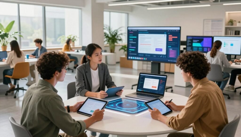 A modern, innovative learning environment showcasing superior learning experience design. In the foreground, a diverse group of three professionals, dressed in business casual attire, collaboratively discussing around a sleek, futuristic table with digital tablets in hand. In the middle ground, vibrant, interactive screens display engaging educational content and analytics, emphasizing a data-driven approach to learning. The background features a bright, airy classroom filled with natural light streaming through large windows, adorned with plants and flexible seating arrangements that foster collaboration and creativity. The atmosphere is dynamic and inspiring, reflecting the strengths of an effective online course platform. Use soft, diffused lighting to create a welcoming and motivating mood, captured from a slightly elevated angle to encompass the entire scene. A modern, innovative learning environment showcasing superior learning experience design. In the foreground, a diverse group of three professionals, dressed in business casual attire, collaboratively discussing around a sleek, futuristic table with digital tablets in hand. In the middle ground, vibrant, interactive screens display engaging educational content and analytics, emphasizing a data-driven approach to learning. The background features a bright, airy classroom filled with natural light streaming through large windows, adorned with plants and flexible seating arrangements that foster collaboration and creativity. The atmosphere is dynamic and inspiring, reflecting the strengths of an effective online course platform. Use soft, diffused lighting to create a welcoming and motivating mood, captured from a slightly elevated angle to encompass the entire scene.