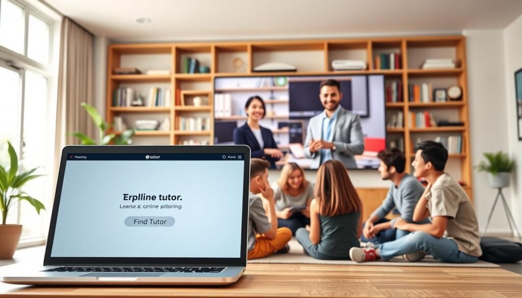 A modern, inviting virtual study room designed for online tutoring. In the foreground, a laptop is open, displaying a user-friendly interface of a tutoring platform with a prominent "Find Tutor" button visible. A diverse group of student avatars sits around the laptop, engaged and animated, depicting different age groups and backgrounds. In the middle ground, a large screen shows a video introduction of a tutor, showcasing them in professional attire, smiling and gesturing as they explain their teaching style. The background features a cozy bookshelf filled with educational materials and a large window allowing natural light to flood the room, creating a warm, productive atmosphere. The image conveys collaboration and excitement about learning through online tutoring. Use soft, diffused lighting to enhance the welcoming feel. A modern, inviting virtual study room designed for online tutoring. In the foreground, a laptop is open, displaying a user-friendly interface of a tutoring platform with a prominent "Find Tutor" button visible. A diverse group of student avatars sits around the laptop, engaged and animated, depicting different age groups and backgrounds. In the middle ground, a large screen shows a video introduction of a tutor, showcasing them in professional attire, smiling and gesturing as they explain their teaching style. The background features a cozy bookshelf filled with educational materials and a large window allowing natural light to flood the room, creating a warm, productive atmosphere. The image conveys collaboration and excitement about learning through online tutoring. Use soft, diffused lighting to enhance the welcoming feel.