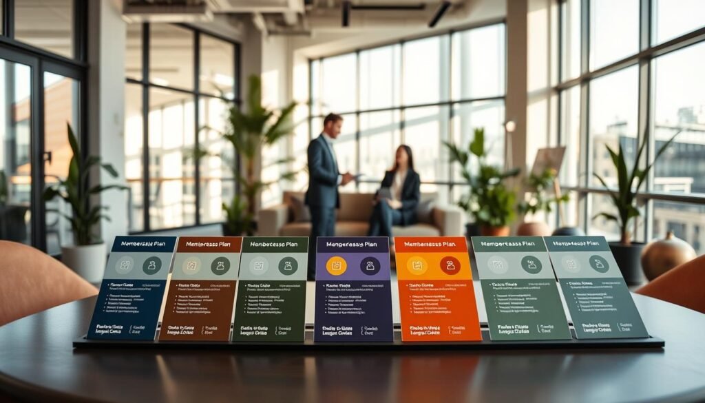 A modern, inviting workspace featuring a sleek display table in the foreground showcasing various membership plan cards with distinct colors and designs, each representing different subscription tiers. The middle of the scene includes a comfortable seating area where two professionals in business attire discuss the offerings. In the background, large windows let in soft, natural light, illuminating the whole scene and creating a warm, engaging atmosphere. Add plants for a fresh look, and include soft shadows to give depth. The angle should be slightly elevated to capture the dynamic interaction between individuals and the membership displays, fostering a sense of community and choice. The overall mood is professional yet welcoming, tailored to attract interest in the membership options. A modern, inviting workspace featuring a sleek display table in the foreground showcasing various membership plan cards with distinct colors and designs, each representing different subscription tiers. The middle of the scene includes a comfortable seating area where two professionals in business attire discuss the offerings. In the background, large windows let in soft, natural light, illuminating the whole scene and creating a warm, engaging atmosphere. Add plants for a fresh look, and include soft shadows to give depth. The angle should be slightly elevated to capture the dynamic interaction between individuals and the membership displays, fostering a sense of community and choice. The overall mood is professional yet welcoming, tailored to attract interest in the membership options.