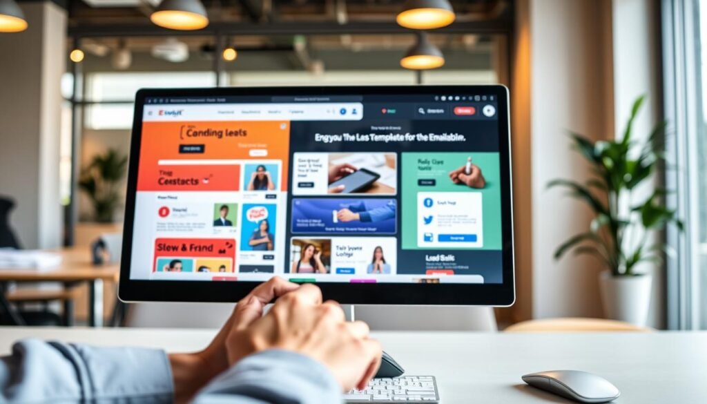 A modern landing page builder interface displayed on a sleek computer screen, showcasing vibrant, customizable templates for email marketing. The foreground features a close-up of hands using a mouse, clicking on design elements, while the screen shows colorful sections with images, text boxes, and a drag-and-drop feature. In the middle, there are snippets of engaging visuals, such as product showcases and lead capture forms, enhancing the interface's appeal. The background reveals an office environment with soft warm lighting, creating a professional yet inviting atmosphere. The overall mood is focused and innovative, emphasizing user-friendliness and creativity, with a clear focus on generating leads effectively. A modern landing page builder interface displayed on a sleek computer screen, showcasing vibrant, customizable templates for email marketing. The foreground features a close-up of hands using a mouse, clicking on design elements, while the screen shows colorful sections with images, text boxes, and a drag-and-drop feature. In the middle, there are snippets of engaging visuals, such as product showcases and lead capture forms, enhancing the interface's appeal. The background reveals an office environment with soft warm lighting, creating a professional yet inviting atmosphere. The overall mood is focused and innovative, emphasizing user-friendliness and creativity, with a clear focus on generating leads effectively.