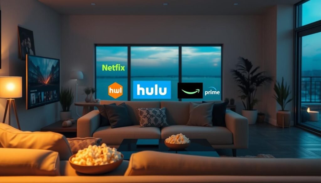 A modern living room scene showcasing the concept of streaming services. In the foreground, a sleek smart TV displays various popular streaming platform logos like Netflix, Hulu, and Amazon Prime. A cozy couch with stylish throw pillows occupies the middle, along with a coffee table holding popcorn and a tablet. In the background, soft, warm lighting emanates from a floor lamp, creating a relaxed atmosphere. The room has minimalist decor, with a few indoor plants and a large window revealing a serene view. The overall mood is inviting and comfortable, portraying a perfect setup for enjoying uninterrupted streaming experiences. A modern living room scene showcasing the concept of streaming services. In the foreground, a sleek smart TV displays various popular streaming platform logos like Netflix, Hulu, and Amazon Prime. A cozy couch with stylish throw pillows occupies the middle, along with a coffee table holding popcorn and a tablet. In the background, soft, warm lighting emanates from a floor lamp, creating a relaxed atmosphere. The room has minimalist decor, with a few indoor plants and a large window revealing a serene view. The overall mood is inviting and comfortable, portraying a perfect setup for enjoying uninterrupted streaming experiences.