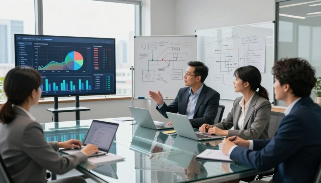 A modern office conference room setting with a large glass table at the center, surrounded by a diverse group of three professionals in business attire engaged in a lively discussion. In the foreground, a digital screen displays colorful graphs and analytical data, showcasing decision analysis metrics. The middle ground features a whiteboard filled with strategic diagrams and notes. Soft, natural light floods the room through large windows, creating a professional yet inviting atmosphere. In the background, cityscape views are visible, hinting at a bustling business environment. The composition is shot from a slightly elevated angle, emphasizing collaboration and the importance of decision-making in a corporate context. A modern office conference room setting with a large glass table at the center, surrounded by a diverse group of three professionals in business attire engaged in a lively discussion. In the foreground, a digital screen displays colorful graphs and analytical data, showcasing decision analysis metrics. The middle ground features a whiteboard filled with strategic diagrams and notes. Soft, natural light floods the room through large windows, creating a professional yet inviting atmosphere. In the background, cityscape views are visible, hinting at a bustling business environment. The composition is shot from a slightly elevated angle, emphasizing collaboration and the importance of decision-making in a corporate context.
