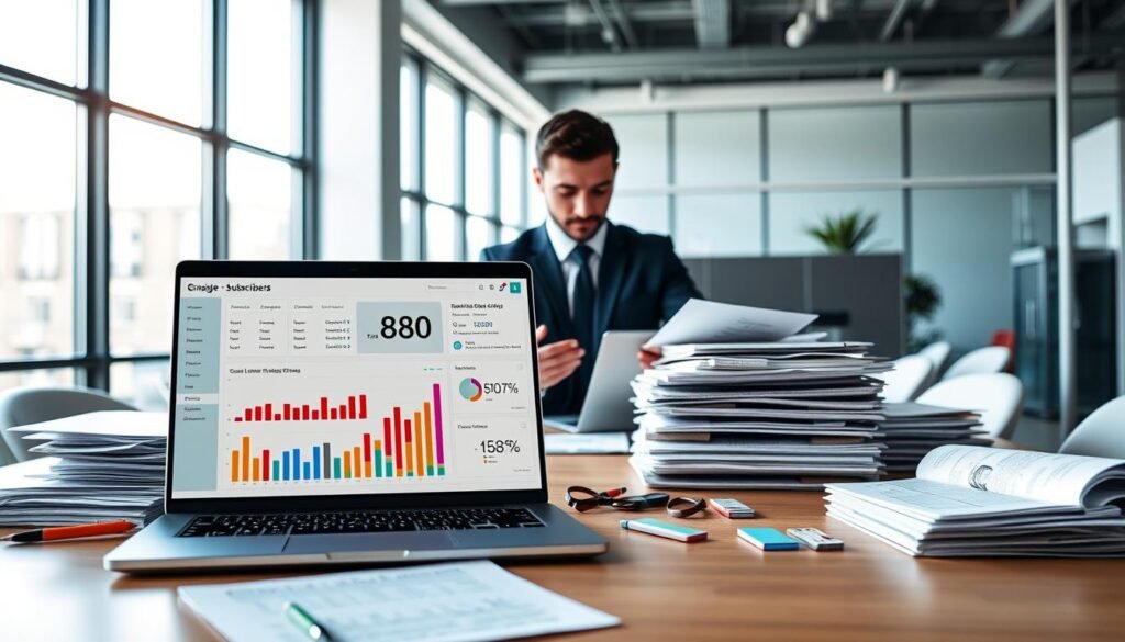 A modern office desk setup illustrating effective list management for email marketing. In the foreground, a sleek laptop displays a sophisticated dashboard with colorful graphs and charts representing subscriber data. Surrounding the laptop, organized spreadsheets and tags symbolize list segmentation. In the middle, a focused professional, dressed in business attire, is engaged in sorting lists, showcasing concentration and expertise. The background features a bright, airy office with large windows, allowing natural light to flood the space, enhancing the atmosphere of productivity and clarity. The overall mood is one of efficiency and organization, emphasizing the importance of managing subscriber lists effectively in email campaigns. The scene is framed with a wide-angle lens to capture the entire workspace. A modern office desk setup illustrating effective list management for email marketing. In the foreground, a sleek laptop displays a sophisticated dashboard with colorful graphs and charts representing subscriber data. Surrounding the laptop, organized spreadsheets and tags symbolize list segmentation. In the middle, a focused professional, dressed in business attire, is engaged in sorting lists, showcasing concentration and expertise. The background features a bright, airy office with large windows, allowing natural light to flood the space, enhancing the atmosphere of productivity and clarity. The overall mood is one of efficiency and organization, emphasizing the importance of managing subscriber lists effectively in email campaigns. The scene is framed with a wide-angle lens to capture the entire workspace.