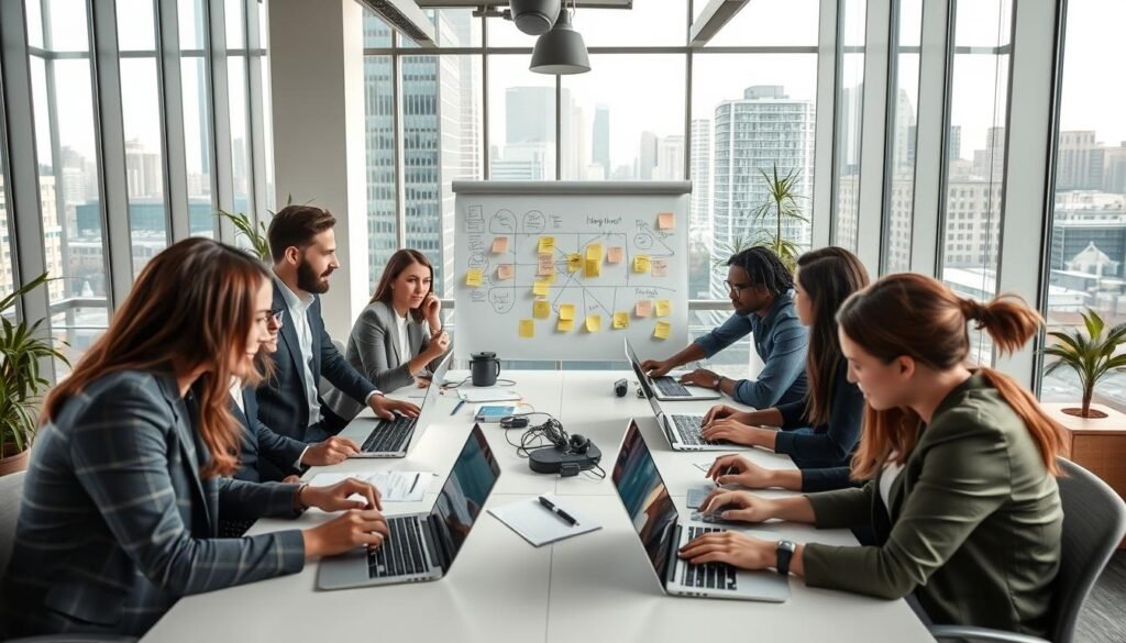 A modern office environment bustling with developers collaborating on innovative projects. In the foreground, a diverse team of professionals in smart business attire sits around a large table, with laptops open, discussing ideas animatedly. The middle ground features a whiteboard filled with diagrams and sticky notes, showcasing their brainstorming session. In the background, large windows reveal a skyline view, enhancing the workspace's modern atmosphere. Soft, natural lighting pours in, creating a productive and inspiring mood. A wide-angle lens captures the dynamic interaction and focus of the team, emphasizing the synergy and teamwork in the tech industry. A modern office environment bustling with developers collaborating on innovative projects. In the foreground, a diverse team of professionals in smart business attire sits around a large table, with laptops open, discussing ideas animatedly. The middle ground features a whiteboard filled with diagrams and sticky notes, showcasing their brainstorming session. In the background, large windows reveal a skyline view, enhancing the workspace's modern atmosphere. Soft, natural lighting pours in, creating a productive and inspiring mood. A wide-angle lens captures the dynamic interaction and focus of the team, emphasizing the synergy and teamwork in the tech industry.
