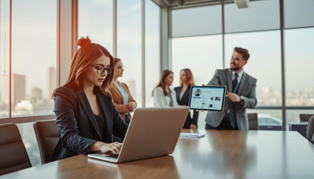 A modern office environment featuring a diverse group of professionals collaborating around a large conference table. In the foreground, a businesswoman in a sharp navy blazer uses a laptop, displaying business profiles on the screen. To her right, a businessman in a tailored gray suit points at a digital tablet, showing a business profile interface. In the background, a large window showcases a cityscape, with natural light flowing in, creating an open and airy atmosphere. The mood is focused and productive, emphasizing teamwork and efficiency. Soft, warm lighting highlights the individuals, while the angle captures the dynamic interactions among the team, fostering a sense of urgency and innovation in managing social media profiles. A modern office environment featuring a diverse group of professionals collaborating around a large conference table. In the foreground, a businesswoman in a sharp navy blazer uses a laptop, displaying business profiles on the screen. To her right, a businessman in a tailored gray suit points at a digital tablet, showing a business profile interface. In the background, a large window showcases a cityscape, with natural light flowing in, creating an open and airy atmosphere. The mood is focused and productive, emphasizing teamwork and efficiency. Soft, warm lighting highlights the individuals, while the angle captures the dynamic interactions among the team, fostering a sense of urgency and innovation in managing social media profiles.