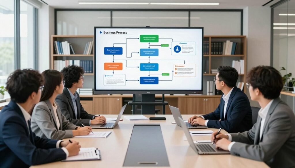 A modern office environment featuring a large, sleek conference table at the forefront, surrounded by diverse professionals in business attire attentively discussing business process documentation. In the middle ground, a large digital screen displays various interconnected flowcharts and diagrams illustrating streamlined processes, enhanced collaboration, and training modules. The background shows bookshelves filled with reference materials alongside a large window letting in natural light that creates a bright and engaging atmosphere. The lens captures the scene from a slightly elevated angle, focusing on the collaborative spirit of the professionals and the organized chaos of business documentation. The mood is optimistic and productive, emphasizing teamwork and systematization in business operations. A modern office environment featuring a large, sleek conference table at the forefront, surrounded by diverse professionals in business attire attentively discussing business process documentation. In the middle ground, a large digital screen displays various interconnected flowcharts and diagrams illustrating streamlined processes, enhanced collaboration, and training modules. The background shows bookshelves filled with reference materials alongside a large window letting in natural light that creates a bright and engaging atmosphere. The lens captures the scene from a slightly elevated angle, focusing on the collaborative spirit of the professionals and the organized chaos of business documentation. The mood is optimistic and productive, emphasizing teamwork and systematization in business operations.