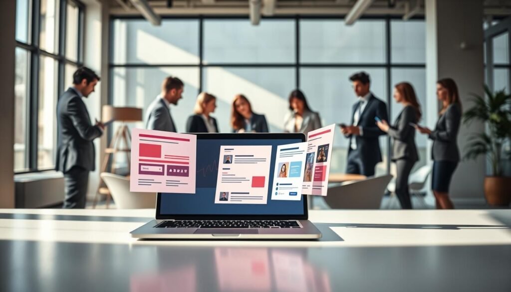 A modern office environment featuring a sleek, minimalist desk in the foreground with a laptop displaying an open email marketing platform. Vibrant forms and pop-up interfaces are animatedly emerging from the screen, displaying enticing graphics for lead capture. In the middle ground, a diverse group of professionals in smart business attire collaborates, discussing strategies and analyzing data on digital devices. The background showcases a stylish, well-lit workspace with large windows, allowing natural light to flood in, creating an inviting atmosphere. Soft shadows and a warm color palette evoke a sense of productivity and creativity, emphasizing the theme of building email lists and improving conversions. The image should be dynamic and engaging, showcasing modern digital marketing concepts without any text or distractions. A modern office environment featuring a sleek, minimalist desk in the foreground with a laptop displaying an open email marketing platform. Vibrant forms and pop-up interfaces are animatedly emerging from the screen, displaying enticing graphics for lead capture. In the middle ground, a diverse group of professionals in smart business attire collaborates, discussing strategies and analyzing data on digital devices. The background showcases a stylish, well-lit workspace with large windows, allowing natural light to flood in, creating an inviting atmosphere. Soft shadows and a warm color palette evoke a sense of productivity and creativity, emphasizing the theme of building email lists and improving conversions. The image should be dynamic and engaging, showcasing modern digital marketing concepts without any text or distractions.