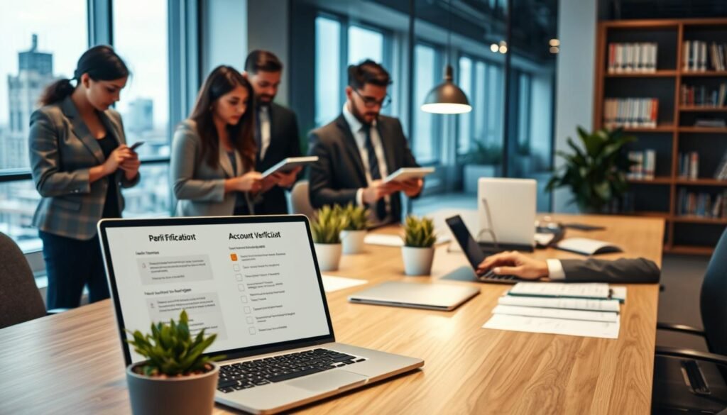 A modern office environment focused on account verification, featuring a stylish desk with a laptop displaying a verification checklist. In the foreground, a diverse group of professionals in smart business attire collaborate: a woman analyzing documents, a man typing on the laptop, and another person holding a tablet. The middle ground includes potted plants and a bookshelf filled with reference materials. The background shows a large window with cityscape views, illuminated by natural light, creating a productive atmosphere. The lighting is bright yet soft, showcasing an organized workspace that reflects compliance and KYC processes. The overall mood is focused and professional, highlighting the importance of seamless account verification in business. A modern office environment focused on account verification, featuring a stylish desk with a laptop displaying a verification checklist. In the foreground, a diverse group of professionals in smart business attire collaborate: a woman analyzing documents, a man typing on the laptop, and another person holding a tablet. The middle ground includes potted plants and a bookshelf filled with reference materials. The background shows a large window with cityscape views, illuminated by natural light, creating a productive atmosphere. The lighting is bright yet soft, showcasing an organized workspace that reflects compliance and KYC processes. The overall mood is focused and professional, highlighting the importance of seamless account verification in business.