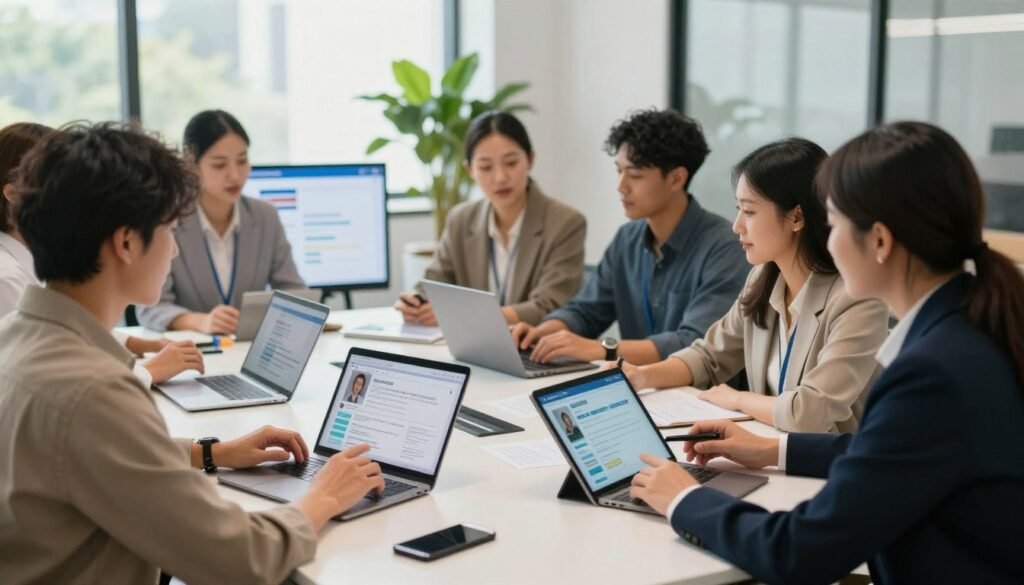 A modern office environment focused on user experience and customer support. In the foreground, a diverse group of professional individuals engages in a collaborative session, analyzing user feedback on screens and discussing solutions. They wear smart business attire, embodying a dedicated and supportive atmosphere. In the middle, a sleek conference table is strewn with tablets, laptops, and notes, showcasing a tech-driven approach. The background features large windows allowing natural light to flood in, highlighting a bright and open workspace filled with greenery. The overall mood is vibrant and positive, emphasizing teamwork and efficiency. The image is captured with a soft focus, using a warm color palette to evoke a sense of comfort and approachability. A modern office environment focused on user experience and customer support. In the foreground, a diverse group of professional individuals engages in a collaborative session, analyzing user feedback on screens and discussing solutions. They wear smart business attire, embodying a dedicated and supportive atmosphere. In the middle, a sleek conference table is strewn with tablets, laptops, and notes, showcasing a tech-driven approach. The background features large windows allowing natural light to flood in, highlighting a bright and open workspace filled with greenery. The overall mood is vibrant and positive, emphasizing teamwork and efficiency. The image is captured with a soft focus, using a warm color palette to evoke a sense of comfort and approachability.