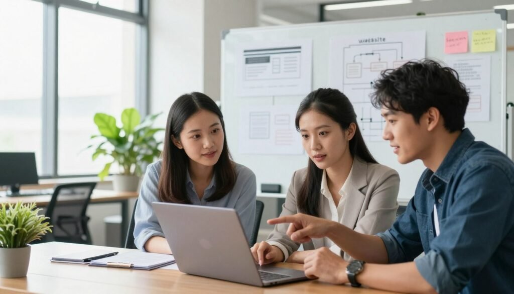 A modern office environment illustrating website help and support. In the foreground, a diverse team of three professionals, two women and one man, are gathered around a laptop, all dressed in business casual attire. They are engaged in a focused discussion, pointing at the screen with expressions of concentration. In the middle ground, a large whiteboard filled with diagrams and notes about website features and customer support strategies is visible. In the background, a bright, airy office with large windows letting in natural light, and potted plants for a vibrant atmosphere. The overall mood is collaborative and supportive, emphasizing teamwork and innovation, with soft lighting creating a welcoming space. A modern office environment illustrating website help and support. In the foreground, a diverse team of three professionals, two women and one man, are gathered around a laptop, all dressed in business casual attire. They are engaged in a focused discussion, pointing at the screen with expressions of concentration. In the middle ground, a large whiteboard filled with diagrams and notes about website features and customer support strategies is visible. In the background, a bright, airy office with large windows letting in natural light, and potted plants for a vibrant atmosphere. The overall mood is collaborative and supportive, emphasizing teamwork and innovation, with soft lighting creating a welcoming space.