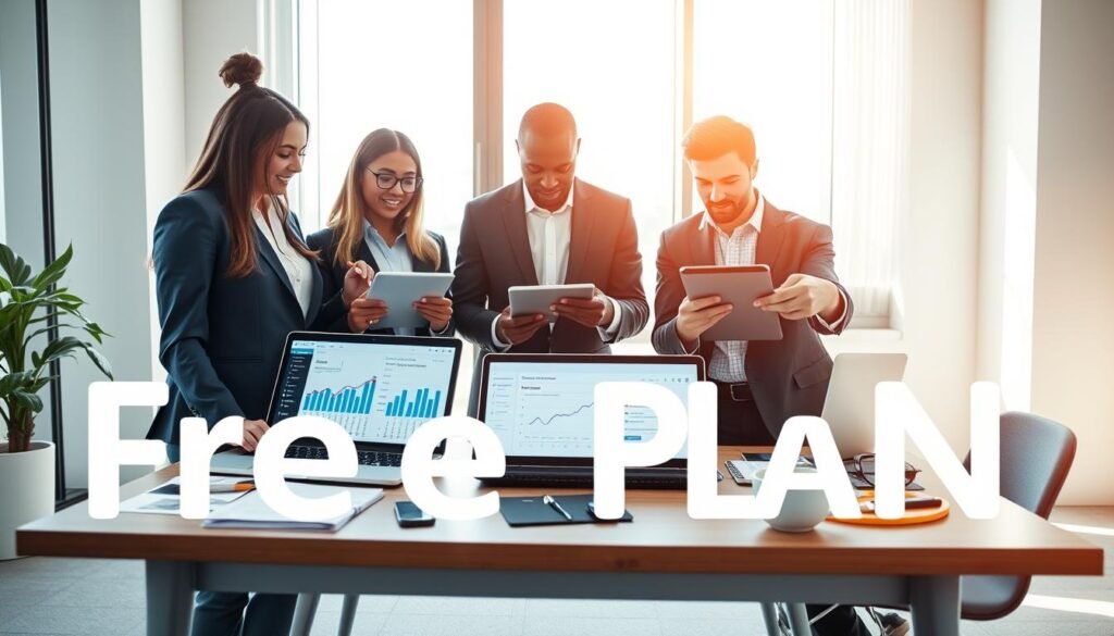 A modern office environment representing a "Free Plan" concept. In the foreground, a diverse group of three professionals, one woman and two men, are actively engaging with a laptop and digital tablets, displaying various graphs and user interfaces that suggest social media management tools. Their business attire is sleek and professional. In the middle ground, an inviting desk cluttered with productivity items like a notepad and a coffee cup enhances the workspace feel. The background features a large window with soft, natural light pouring in, illuminating the setup and creating a vibrant and optimistic atmosphere. The scene conveys a sense of collaboration and innovation, perfect for illustrating the beginning of a user-friendly experience. A modern office environment representing a "Free Plan" concept. In the foreground, a diverse group of three professionals, one woman and two men, are actively engaging with a laptop and digital tablets, displaying various graphs and user interfaces that suggest social media management tools. Their business attire is sleek and professional. In the middle ground, an inviting desk cluttered with productivity items like a notepad and a coffee cup enhances the workspace feel. The background features a large window with soft, natural light pouring in, illuminating the setup and creating a vibrant and optimistic atmosphere. The scene conveys a sense of collaboration and innovation, perfect for illustrating the beginning of a user-friendly experience.