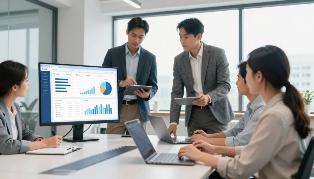 A modern office environment showcasing a diverse group of professionals engaged in a dynamic discussion around a digital interface representing a free CRM system. In the foreground, a focused female business analyst, dressed in smart casual attire, points at the screen displaying graphs and customer insights. In the middle ground, a male team leader in a tailored suit is analyzing data on a tablet, while two team members, one male and one female, appear to strategize across a sleek conference table with notebooks and laptops. The background features large windows with natural light pouring in, illuminating the space and creating a bright, optimistic atmosphere. The overall mood is collaborative and innovative, emphasizing the importance of leveraging customer data for business success, with a clean and professional aesthetic. A modern office environment showcasing a diverse group of professionals engaged in a dynamic discussion around a digital interface representing a free CRM system. In the foreground, a focused female business analyst, dressed in smart casual attire, points at the screen displaying graphs and customer insights. In the middle ground, a male team leader in a tailored suit is analyzing data on a tablet, while two team members, one male and one female, appear to strategize across a sleek conference table with notebooks and laptops. The background features large windows with natural light pouring in, illuminating the space and creating a bright, optimistic atmosphere. The overall mood is collaborative and innovative, emphasizing the importance of leveraging customer data for business success, with a clean and professional aesthetic.