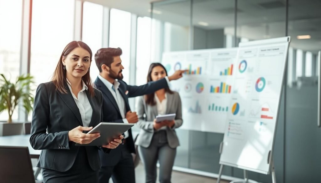 A modern office environment showcasing a diverse group of three business professionals engaged in a lead engagement strategy meeting. In the foreground, a confident woman in smart business attire presents data on a digital tablet, while a man in a suit points at a large whiteboard filled with colorful charts and graphs. In the middle ground, another team member takes notes, actively participating in the discussion. The background features a sleek conference room with large windows allowing natural light to flood in, creating a bright and collaborative atmosphere. The scene conveys a sense of teamwork, focus, and creativity, highlighting the essence of lead engagement in the business context. Use soft, diffused lighting to enhance the professional mood, and capture the scene from a slightly elevated angle for a dynamic perspective. A modern office environment showcasing a diverse group of three business professionals engaged in a lead engagement strategy meeting. In the foreground, a confident woman in smart business attire presents data on a digital tablet, while a man in a suit points at a large whiteboard filled with colorful charts and graphs. In the middle ground, another team member takes notes, actively participating in the discussion. The background features a sleek conference room with large windows allowing natural light to flood in, creating a bright and collaborative atmosphere. The scene conveys a sense of teamwork, focus, and creativity, highlighting the essence of lead engagement in the business context. Use soft, diffused lighting to enhance the professional mood, and capture the scene from a slightly elevated angle for a dynamic perspective.