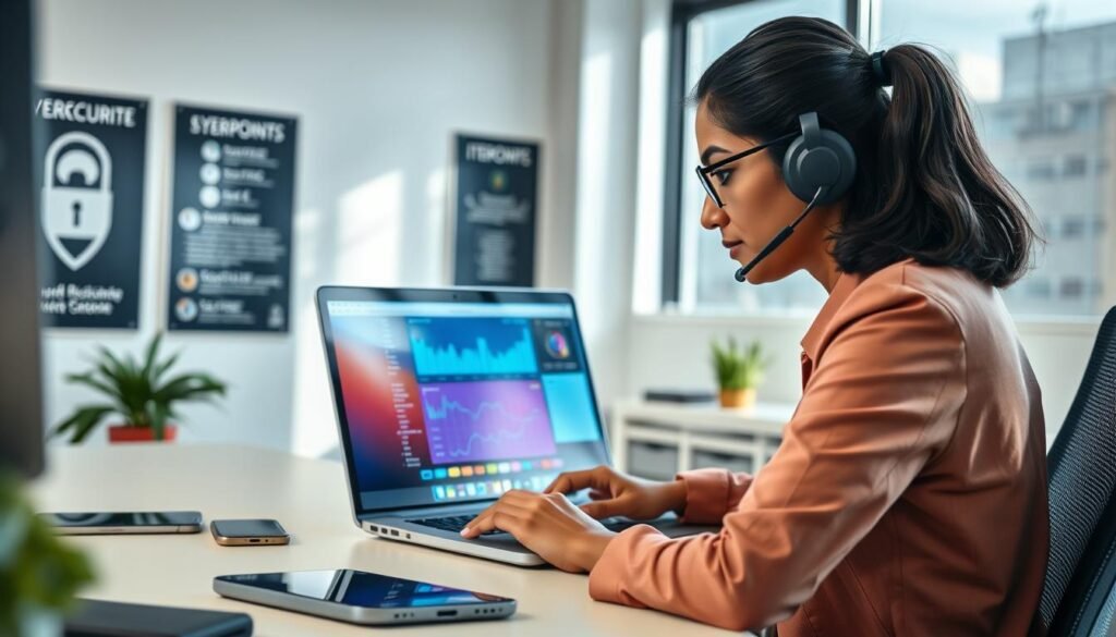 A modern office environment showcasing a professional IT technician providing remote support through a laptop. In the foreground, the technician, a South Asian woman in smart casual attire, focuses intently on her computer screen, using remote access software. In the middle, the laptop displays a vibrant interface with graphs and system indicators. Surrounding her are tech devices like smartphones and tablets, symbolizing various endpoints. The background features a bright, well-organized workspace with posters about cybersecurity and efficient workflows. Soft, natural lighting filters in through a window, casting a professional yet inviting atmosphere. The overall mood is one of efficiency and collaboration, representing the essence of remote technical support. A modern office environment showcasing a professional IT technician providing remote support through a laptop. In the foreground, the technician, a South Asian woman in smart casual attire, focuses intently on her computer screen, using remote access software. In the middle, the laptop displays a vibrant interface with graphs and system indicators. Surrounding her are tech devices like smartphones and tablets, symbolizing various endpoints. The background features a bright, well-organized workspace with posters about cybersecurity and efficient workflows. Soft, natural lighting filters in through a window, casting a professional yet inviting atmosphere. The overall mood is one of efficiency and collaboration, representing the essence of remote technical support.