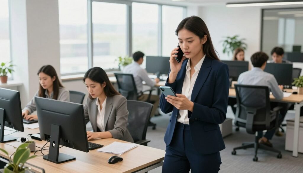 A modern office environment showcasing an ideal business phone system user. In the foreground, a young professional woman in her 30s, wearing smart business attire—navy blazer and tailored pants—focused on her sleek smartphone, engaged in a conversation. Her expression reflects confidence and productivity. In the middle ground, an open office layout with colleagues collaborating at desks, with laptops and modern technology surrounding them. The background features large windows that let in natural light, creating a bright and inviting atmosphere. The scene is captured from a slightly elevated angle, simulating the perspective of a nearby coworker glancing over, emphasizing teamwork and connectivity. The mood is dynamic and professional, embodying the essence of modern business communication. A modern office environment showcasing an ideal business phone system user. In the foreground, a young professional woman in her 30s, wearing smart business attire—navy blazer and tailored pants—focused on her sleek smartphone, engaged in a conversation. Her expression reflects confidence and productivity. In the middle ground, an open office layout with colleagues collaborating at desks, with laptops and modern technology surrounding them. The background features large windows that let in natural light, creating a bright and inviting atmosphere. The scene is captured from a slightly elevated angle, simulating the perspective of a nearby coworker glancing over, emphasizing teamwork and connectivity. The mood is dynamic and professional, embodying the essence of modern business communication.