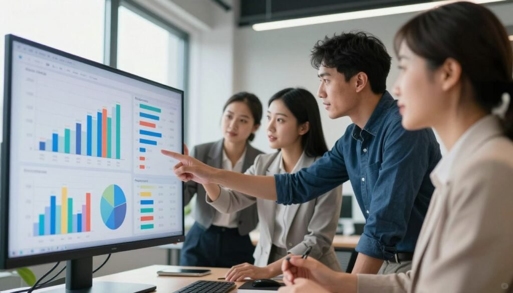 A modern office environment with a large screen displaying colorful graphs and charts related to ecommerce conversion tracking analytics in the foreground. In the middle, a diverse group of three professionals in business attire—one woman and two men—analyzing the data together, pointing at key metrics with engaged expressions. The background features a sleek, minimalistic office decor with large windows and natural light streaming in, creating a bright and inspiring atmosphere. The lens captures a slight depth of field, keeping the focus on the group while softly blurring the office background. The mood is collaborative and focused, emphasizing teamwork around data-driven insights. A modern office environment with a large screen displaying colorful graphs and charts related to ecommerce conversion tracking analytics in the foreground. In the middle, a diverse group of three professionals in business attire—one woman and two men—analyzing the data together, pointing at key metrics with engaged expressions. The background features a sleek, minimalistic office decor with large windows and natural light streaming in, creating a bright and inspiring atmosphere. The lens captures a slight depth of field, keeping the focus on the group while softly blurring the office background. The mood is collaborative and focused, emphasizing teamwork around data-driven insights.
