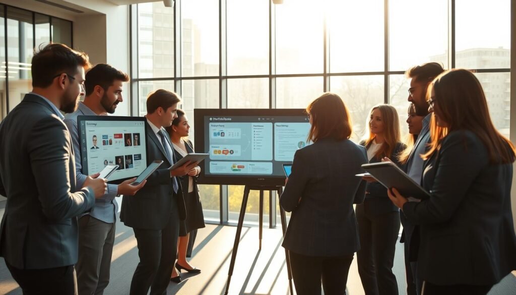 A modern office platform environment showcasing a collaborative training session. In the foreground, diverse professionals in business attire are engaged in a vibrant discussion, some reviewing materials on laptops and tablets. The middle ground features a large, interactive screen displaying flowcharts and training modules related to team knowledge sharing. The background shows large windows with sunlight streaming in, casting a warm glow on the scene. The atmosphere is dynamic and focused, conveying a sense of teamwork and productivity. The lighting is bright and inviting, with a slight depth of field effect to emphasize the professionals in the foreground. The overall mood is one of innovation and unity, capturing the essence of a modern training platform. A modern office platform environment showcasing a collaborative training session. In the foreground, diverse professionals in business attire are engaged in a vibrant discussion, some reviewing materials on laptops and tablets. The middle ground features a large, interactive screen displaying flowcharts and training modules related to team knowledge sharing. The background shows large windows with sunlight streaming in, casting a warm glow on the scene. The atmosphere is dynamic and focused, conveying a sense of teamwork and productivity. The lighting is bright and inviting, with a slight depth of field effect to emphasize the professionals in the foreground. The overall mood is one of innovation and unity, capturing the essence of a modern training platform.