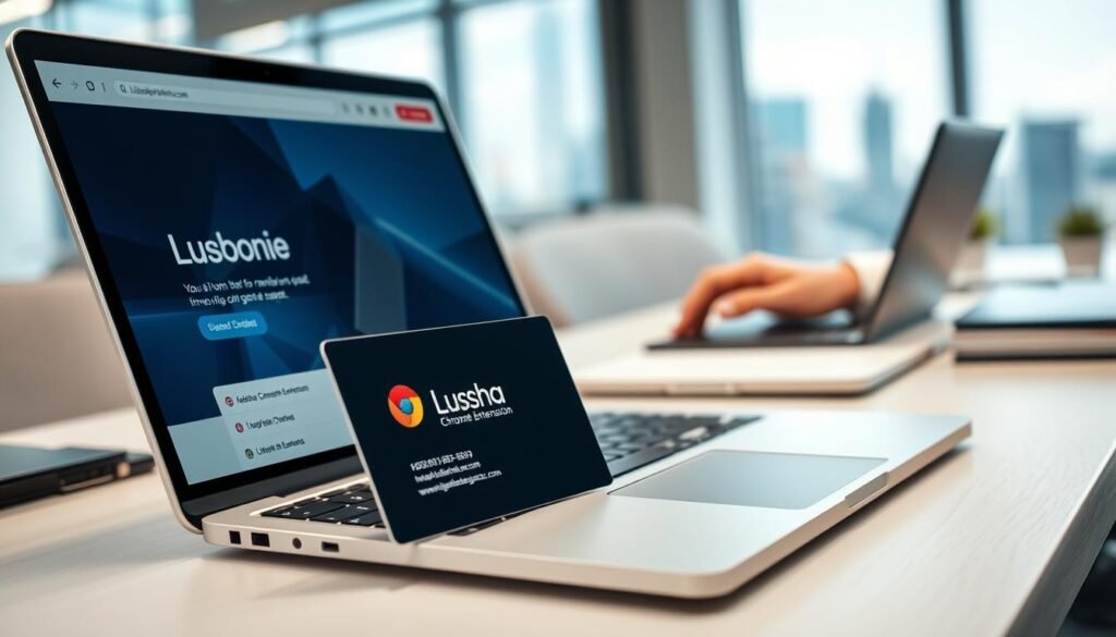 A modern office scene featuring a stylish desktop with a sleek laptop open, displaying a web browser showcasing the Lusha Chrome Extension interface. In the foreground, a close-up view of a professional-looking business card with clear contact information, elegantly designed with a corporate logo. The middle ground includes a blurred hand of a person dressed in smart business attire, poised to type on the keyboard, emphasizing action and engagement. In the background, soft focus on an organized workspace with a subtle city skyline visible through the window, suggesting productivity and a dynamic work environment. The lighting is bright yet soft, creating an inviting atmosphere that conveys efficiency and professionalism.
