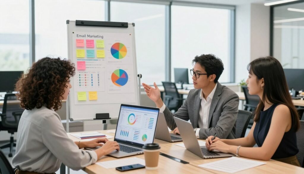 A modern office scene representing ideal user profiles for email marketing. In the foreground, a diverse group of three professionals—one woman with shoulder-length curly hair in business casual attire, one man with glasses and a blazer, and another woman with long straight hair wearing a smart dress—are engaged in a brainstorming session around a large table with digital devices displaying marketing analytics. In the middle ground, a whiteboard features vibrant charts and post-it notes with key user characteristics. The background displays a sleek, well-lit office with large windows flooding the space with natural light, creating a bright and inviting atmosphere. The overall mood is collaborative and energetic, captured with a wide-angle lens to emphasize dynamic interaction among team members. A modern office scene representing ideal user profiles for email marketing. In the foreground, a diverse group of three professionals—one woman with shoulder-length curly hair in business casual attire, one man with glasses and a blazer, and another woman with long straight hair wearing a smart dress—are engaged in a brainstorming session around a large table with digital devices displaying marketing analytics. In the middle ground, a whiteboard features vibrant charts and post-it notes with key user characteristics. The background displays a sleek, well-lit office with large windows flooding the space with natural light, creating a bright and inviting atmosphere. The overall mood is collaborative and energetic, captured with a wide-angle lens to emphasize dynamic interaction among team members.