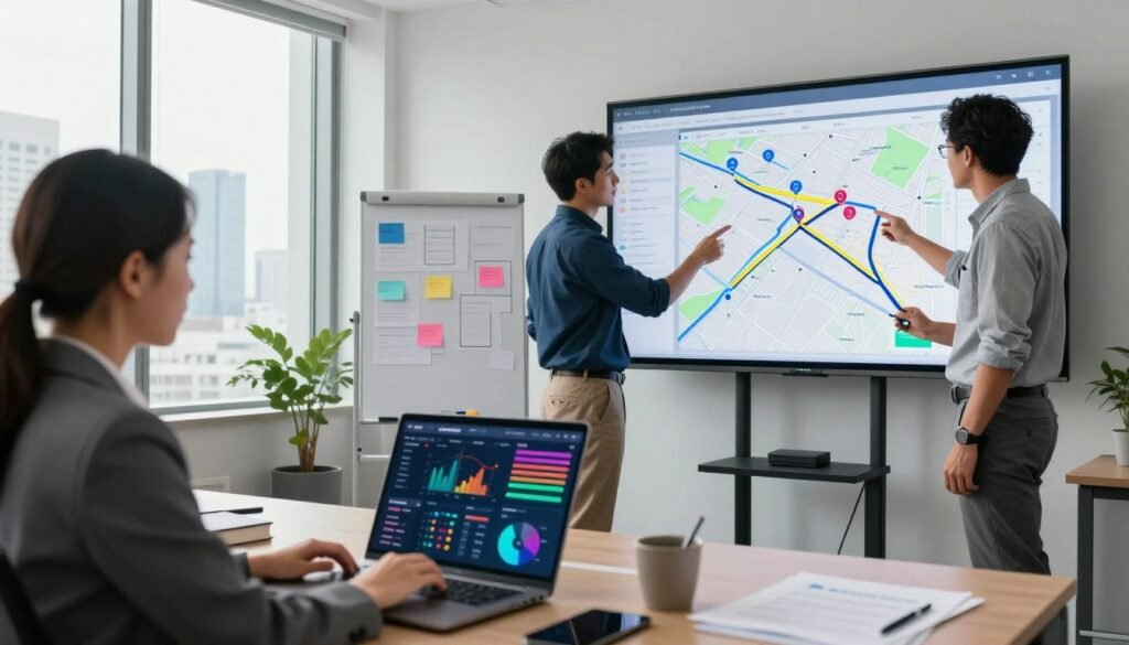 A modern office scene showcasing a team of diverse professionals collaborating on scheduling dispatch and route optimization for field service management. In the foreground, a focused woman in business attire is analyzing a colorful dashboard on a laptop with visual graphs and maps. To the right, a man in casual professional wear discusses a route plan with a colleague, pointing at a large digital screen displaying a map with highlighted optimized routes. The middle ground features a whiteboard filled with notes and strategies, while the background has a large window with a city skyline view, bathing the room in natural light. The atmosphere is dynamic and energetic, illustrating teamwork and technological advancement in the field service industry. A modern office scene showcasing a team of diverse professionals collaborating on scheduling dispatch and route optimization for field service management. In the foreground, a focused woman in business attire is analyzing a colorful dashboard on a laptop with visual graphs and maps. To the right, a man in casual professional wear discusses a route plan with a colleague, pointing at a large digital screen displaying a map with highlighted optimized routes. The middle ground features a whiteboard filled with notes and strategies, while the background has a large window with a city skyline view, bathing the room in natural light. The atmosphere is dynamic and energetic, illustrating teamwork and technological advancement in the field service industry.