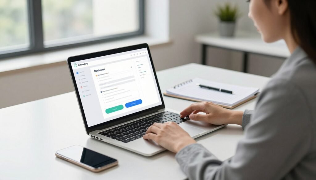 A modern office setting depicting a professional woman in business attire, seated at a sleek desk with a laptop open in front of her, evaluating an online survey interface. In the foreground, the laptop screen displays intuitive survey design features, showcasing user-friendly buttons and visual elements. The middle ground features organized notes and a smartphone, hinting at a multi-device experience. In the background, large windows let in natural light, illuminating the workspace and creating a bright, inspiring atmosphere. Soft shadows and a clean, minimalist aesthetic enhance the usability theme, while a subtle hint of greenery from potted plants adds warmth and life to the scene. The overall mood conveys professionalism and ease, centered on the accessibility of digital tools. A modern office setting depicting a professional woman in business attire, seated at a sleek desk with a laptop open in front of her, evaluating an online survey interface. In the foreground, the laptop screen displays intuitive survey design features, showcasing user-friendly buttons and visual elements. The middle ground features organized notes and a smartphone, hinting at a multi-device experience. In the background, large windows let in natural light, illuminating the workspace and creating a bright, inspiring atmosphere. Soft shadows and a clean, minimalist aesthetic enhance the usability theme, while a subtle hint of greenery from potted plants adds warmth and life to the scene. The overall mood conveys professionalism and ease, centered on the accessibility of digital tools.