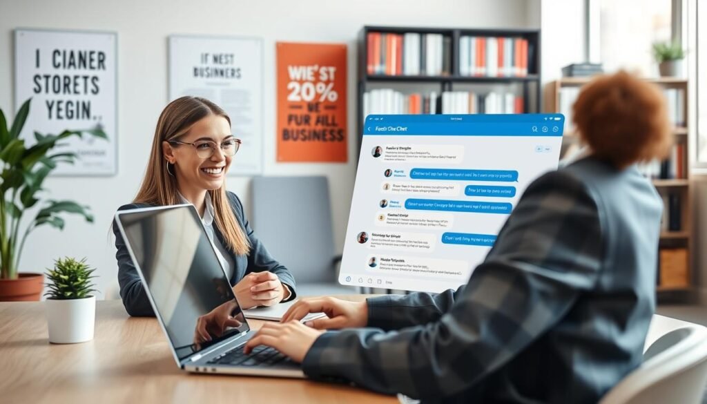 A modern office setting featuring a professional businesswoman engaged in a live chat on her sleek laptop. In the foreground, the woman, dressed in smart business attire, is focused on the screen, with a warm smile suggesting positive customer interaction. Her workspace is neat, with a potted plant and a coffee cup adding a touch of friendliness. In the middle ground, the laptop screen displays an engaging chat interface with various customer inquiries visible but without text overload. The background features a well-lit office environment with motivational posters and a bookshelf filled with business books, creating a dynamic atmosphere. Soft, natural lighting enhances the scene, giving a fresh and inviting feel. The angle captures her profile, emphasizing the interaction and connection in customer service. A modern office setting featuring a professional businesswoman engaged in a live chat on her sleek laptop. In the foreground, the woman, dressed in smart business attire, is focused on the screen, with a warm smile suggesting positive customer interaction. Her workspace is neat, with a potted plant and a coffee cup adding a touch of friendliness. In the middle ground, the laptop screen displays an engaging chat interface with various customer inquiries visible but without text overload. The background features a well-lit office environment with motivational posters and a bookshelf filled with business books, creating a dynamic atmosphere. Soft, natural lighting enhances the scene, giving a fresh and inviting feel. The angle captures her profile, emphasizing the interaction and connection in customer service.