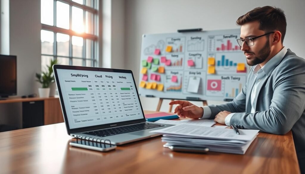 A modern office setting featuring a sleek wooden desk with a laptop displaying simplified pricing charts, alongside neatly organized documents and a smartphone. In the foreground, include a focused professional, dressed in business attire, analyzing the charts with a look of determination. In the middle ground, a whiteboard is filled with colorful graphs and sticky notes highlighting various cloud hosting plans, illustrating a productive brainstorming session. The background shows large windows letting in natural light, casting a warm glow across the room, creating a sense of energy and clarity. The overall mood should be one of professionalism and optimism, embodying the essence of strategic planning and financial considerations in cloud hosting pricing. A modern office setting featuring a sleek wooden desk with a laptop displaying simplified pricing charts, alongside neatly organized documents and a smartphone. In the foreground, include a focused professional, dressed in business attire, analyzing the charts with a look of determination. In the middle ground, a whiteboard is filled with colorful graphs and sticky notes highlighting various cloud hosting plans, illustrating a productive brainstorming session. The background shows large windows letting in natural light, casting a warm glow across the room, creating a sense of energy and clarity. The overall mood should be one of professionalism and optimism, embodying the essence of strategic planning and financial considerations in cloud hosting pricing.