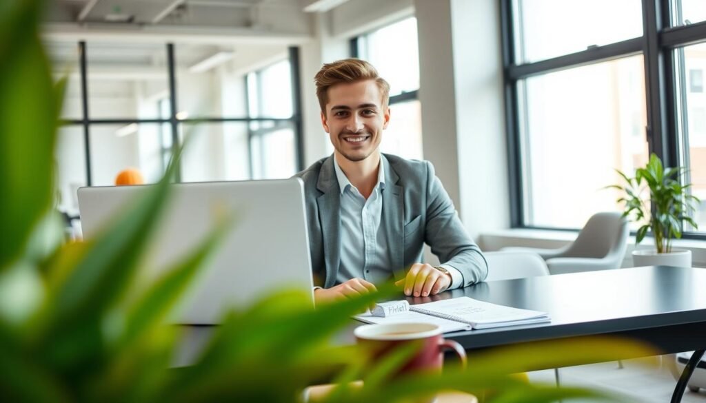 A modern office setting featuring a young professional (age 30-35) in smart casual attire, sitting at a sleek desk with a laptop open, showcasing a website interface with a "Free Trial" option prominently displayed. In the foreground, include a vibrant plant and a coffee cup, adding a touch of warmth. The middle ground should show a comfortable workspace with organized paperwork and a notepad with handwritten notes. In the background, large windows let in natural light, illuminating the room and creating a cheerful atmosphere. The color palette should be bright and inviting, reflecting innovation and opportunity. Capture the scene with a shallow depth of field to emphasize the subject and create a cozy, focused mood. A modern office setting featuring a young professional (age 30-35) in smart casual attire, sitting at a sleek desk with a laptop open, showcasing a website interface with a "Free Trial" option prominently displayed. In the foreground, include a vibrant plant and a coffee cup, adding a touch of warmth. The middle ground should show a comfortable workspace with organized paperwork and a notepad with handwritten notes. In the background, large windows let in natural light, illuminating the room and creating a cheerful atmosphere. The color palette should be bright and inviting, reflecting innovation and opportunity. Capture the scene with a shallow depth of field to emphasize the subject and create a cozy, focused mood.