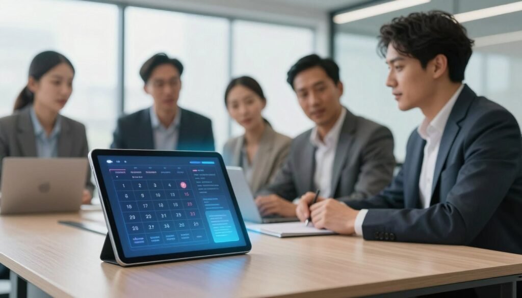 A modern office setting featuring an intelligent, on-device meeting assistant. In the foreground, show a sleek, futuristic device resembling a tablet with a holographic interface displaying calendar events and meeting notes, glowing softly. In the middle ground, depict a diverse group of business professionals, dressed in professional attire, engaged in a collaborative discussion, looking at the device with intrigue. The background reveals a bright, airy office space with large windows allowing natural light to flood in, creating a productive and innovative atmosphere. Use soft, diffused lighting to enhance the tech-savvy feel, with a slight lens blur on the background to focus on the interaction with the meeting assistant. The overall mood should be inspiring and forward-looking, embodying the efficiency of modern business technology. A modern office setting featuring an intelligent, on-device meeting assistant. In the foreground, show a sleek, futuristic device resembling a tablet with a holographic interface displaying calendar events and meeting notes, glowing softly. In the middle ground, depict a diverse group of business professionals, dressed in professional attire, engaged in a collaborative discussion, looking at the device with intrigue. The background reveals a bright, airy office space with large windows allowing natural light to flood in, creating a productive and innovative atmosphere. Use soft, diffused lighting to enhance the tech-savvy feel, with a slight lens blur on the background to focus on the interaction with the meeting assistant. The overall mood should be inspiring and forward-looking, embodying the efficiency of modern business technology.