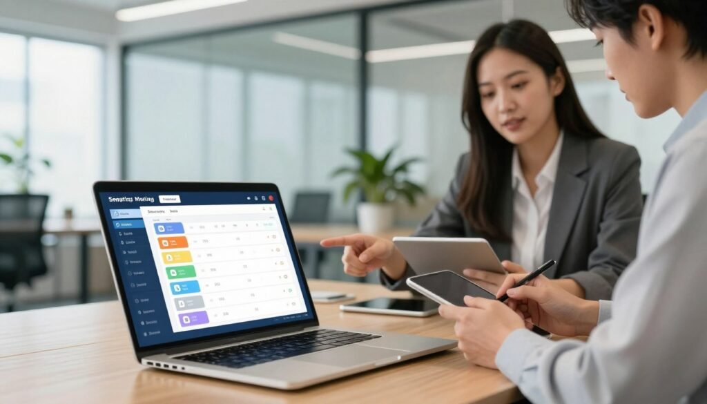 A modern office setting showcasing a digital screen displaying various smart meeting scheduling links. In the foreground, a sleek laptop is open with a vibrant interface showing color-coded calendar links and icons representing different meeting types. In the middle ground, a professional businesswoman, dressed in smart attire, is confidently pointing at the screen, while a colleague notes down information on a tablet. The background features a bright and airy office, with glass walls and potted plants, suggesting a collaborative and efficient environment. Soft natural light streams in through large windows, creating an inviting mood. A shallow depth of field blurs the background slightly, keeping the focus on the scheduling links and the engaged professionals. A modern office setting showcasing a digital screen displaying various smart meeting scheduling links. In the foreground, a sleek laptop is open with a vibrant interface showing color-coded calendar links and icons representing different meeting types. In the middle ground, a professional businesswoman, dressed in smart attire, is confidently pointing at the screen, while a colleague notes down information on a tablet. The background features a bright and airy office, with glass walls and potted plants, suggesting a collaborative and efficient environment. Soft natural light streams in through large windows, creating an inviting mood. A shallow depth of field blurs the background slightly, keeping the focus on the scheduling links and the engaged professionals.