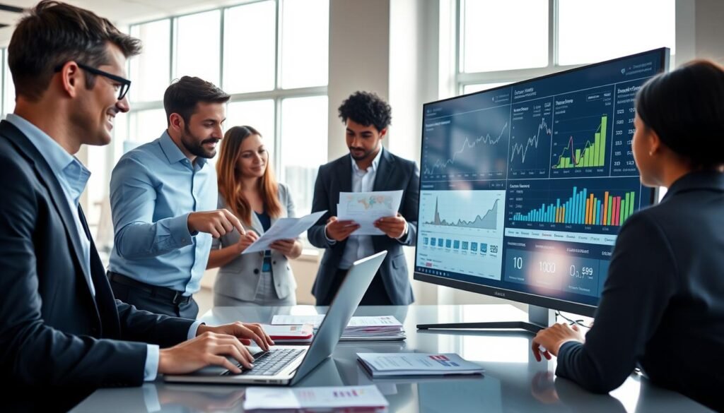 A modern office setting showcasing a diverse group of professionals in business attire engaged in monitoring e-commerce prices. In the foreground, a focused female analyst types on a laptop, analyzing data on a large screen displaying graphs and price trends. To her left, a male colleague points at the screen, discussing findings with enthusiasm. The middle ground features two additional team members reviewing printed product lists and engaging in conversation. The background shows a bright, airy workspace with large windows illuminating the scene, casting soft shadows. The mood is collaborative and dynamic, conveying an atmosphere of innovation and focus, ideal for the e-commerce sector. Use natural lighting to enhance the clarity of details. A modern office setting showcasing a diverse group of professionals in business attire engaged in monitoring e-commerce prices. In the foreground, a focused female analyst types on a laptop, analyzing data on a large screen displaying graphs and price trends. To her left, a male colleague points at the screen, discussing findings with enthusiasm. The middle ground features two additional team members reviewing printed product lists and engaging in conversation. The background shows a bright, airy workspace with large windows illuminating the scene, casting soft shadows. The mood is collaborative and dynamic, conveying an atmosphere of innovation and focus, ideal for the e-commerce sector. Use natural lighting to enhance the clarity of details.