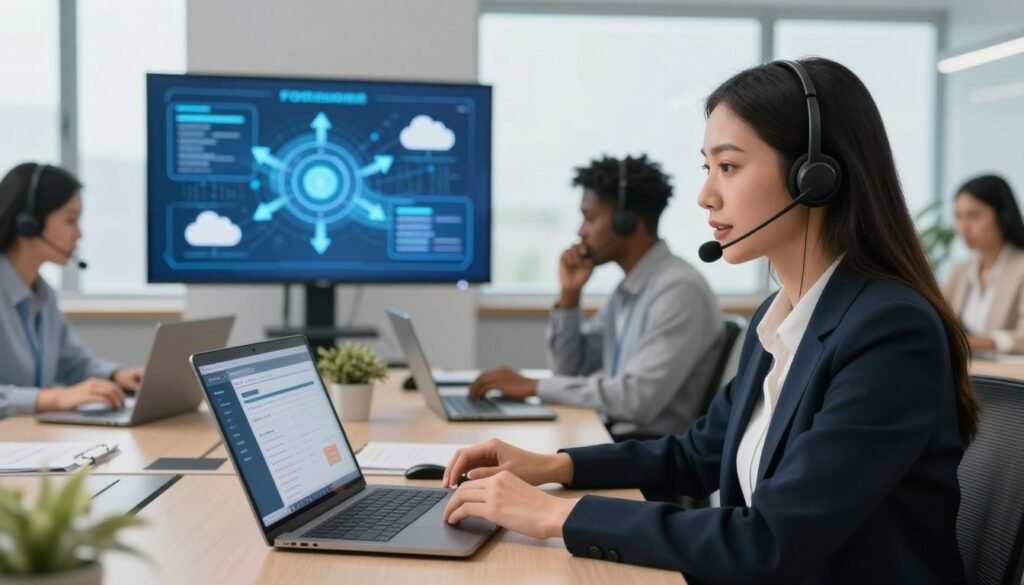 A modern office setting showcasing a diverse team of customer support representatives assisting clients during a migration process. In the foreground, a focused professional woman in business attire adjusts her headset, talking intently to a client. In the middle, a sleek desk with laptops open, displaying customer support software and migration tools, creating a lively atmosphere of productivity. In the background, a large screen shows a graphical representation of data migration, with seamless flowing arrows and cloud motifs, symbolizing digital transformation. Soft, natural lighting from large windows illuminates the space, creating an inviting and collaborative environment. The overall mood is one of support, efficiency, and technological sophistication. A modern office setting showcasing a diverse team of customer support representatives assisting clients during a migration process. In the foreground, a focused professional woman in business attire adjusts her headset, talking intently to a client. In the middle, a sleek desk with laptops open, displaying customer support software and migration tools, creating a lively atmosphere of productivity. In the background, a large screen shows a graphical representation of data migration, with seamless flowing arrows and cloud motifs, symbolizing digital transformation. Soft, natural lighting from large windows illuminates the space, creating an inviting and collaborative environment. The overall mood is one of support, efficiency, and technological sophistication.