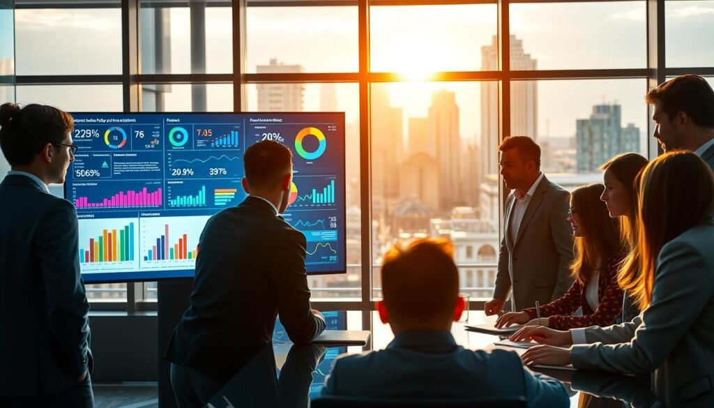 A modern office setting showcasing analytics and reporting. In the foreground, a diverse team of professionals in business attire is gathered around a sleek conference table, analyzing colorful graphs and charts displayed on a high-tech screen. The middle layer features a large digital dashboard filled with vibrant statistics, pie charts, and data visuals, emitting a soft glow that highlights the team's focused expressions. In the background, large windows reveal a city skyline, with warm, natural sunlight pouring in, creating an inviting atmosphere. The overall mood is sharp, engaging, and collaborative, emphasizing the power of analytics in gaining a competitive edge. The scene is shot with a wide-angle lens for depth, capturing both the details on the screen and the team’s dynamic interaction. A modern office setting showcasing analytics and reporting. In the foreground, a diverse team of professionals in business attire is gathered around a sleek conference table, analyzing colorful graphs and charts displayed on a high-tech screen. The middle layer features a large digital dashboard filled with vibrant statistics, pie charts, and data visuals, emitting a soft glow that highlights the team's focused expressions. In the background, large windows reveal a city skyline, with warm, natural sunlight pouring in, creating an inviting atmosphere. The overall mood is sharp, engaging, and collaborative, emphasizing the power of analytics in gaining a competitive edge. The scene is shot with a wide-angle lens for depth, capturing both the details on the screen and the team’s dynamic interaction.