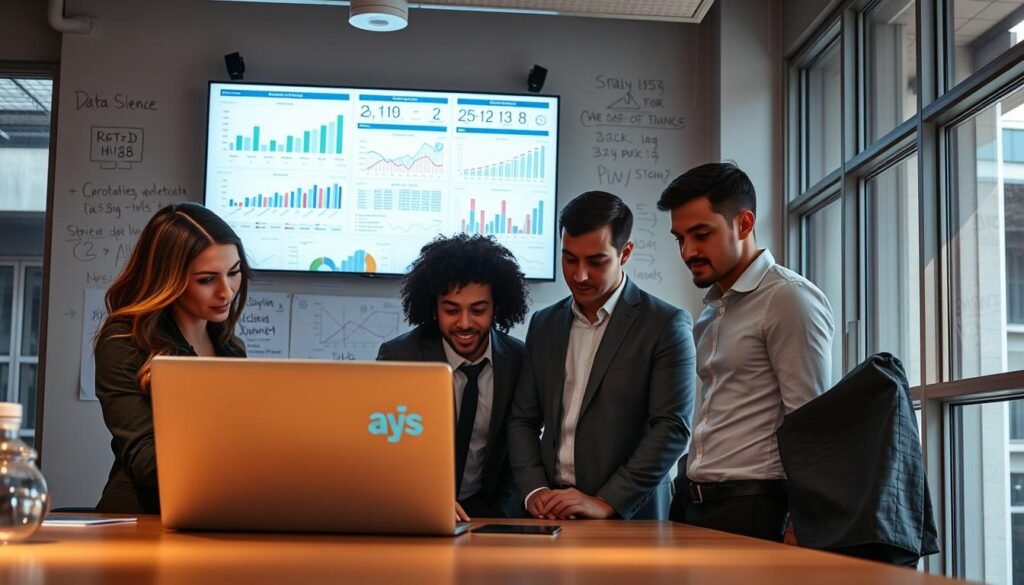 A modern office setting showcasing data science and analytics. In the foreground, a diverse group of three professionals, a woman and two men, dressed in business attire, focus intently on a laptop displaying complex data visualizations and graphs. The middle layer features a large digital screen on the wall highlighting key metrics and analytical trends. Surrounding them are charts, graphs, and colorful diagrams that illustrate data science concepts, with a whiteboard adorned with handwritten notes and formulas. The background includes large windows letting in natural light, creating an airy and productive atmosphere. Soft lighting emphasizes the screen's glow, casting a warm ambiance. The scene conveys a sense of collaboration, innovation, and learning in the field of data science analytics. A modern office setting showcasing data science and analytics. In the foreground, a diverse group of three professionals, a woman and two men, dressed in business attire, focus intently on a laptop displaying complex data visualizations and graphs. The middle layer features a large digital screen on the wall highlighting key metrics and analytical trends. Surrounding them are charts, graphs, and colorful diagrams that illustrate data science concepts, with a whiteboard adorned with handwritten notes and formulas. The background includes large windows letting in natural light, creating an airy and productive atmosphere. Soft lighting emphasizes the screen's glow, casting a warm ambiance. The scene conveys a sense of collaboration, innovation, and learning in the field of data science analytics.