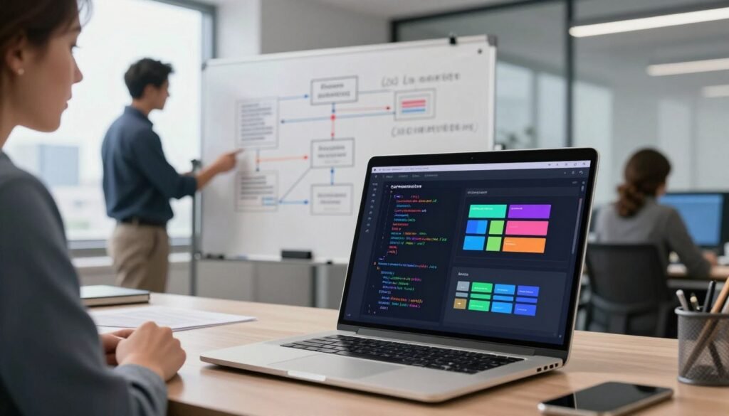 A modern office setting showcasing the key features of a code generation platform. In the foreground, a sleek laptop displays a user-friendly coding interface with colorful code snippets and visual programming blocks. To the left, a professional in smart business attire examines the screen with focused interest. The middle ground presents a whiteboard filled with diagrams illustrating AI workflows and automated processes. In the background, large windows filter in soft natural light, revealing a city skyline. The atmosphere is vibrant and innovative, with an emphasis on collaboration and technology. The image captures a sense of dynamic creativity and the potential of AI in business. A modern office setting showcasing the key features of a code generation platform. In the foreground, a sleek laptop displays a user-friendly coding interface with colorful code snippets and visual programming blocks. To the left, a professional in smart business attire examines the screen with focused interest. The middle ground presents a whiteboard filled with diagrams illustrating AI workflows and automated processes. In the background, large windows filter in soft natural light, revealing a city skyline. The atmosphere is vibrant and innovative, with an emphasis on collaboration and technology. The image captures a sense of dynamic creativity and the potential of AI in business.