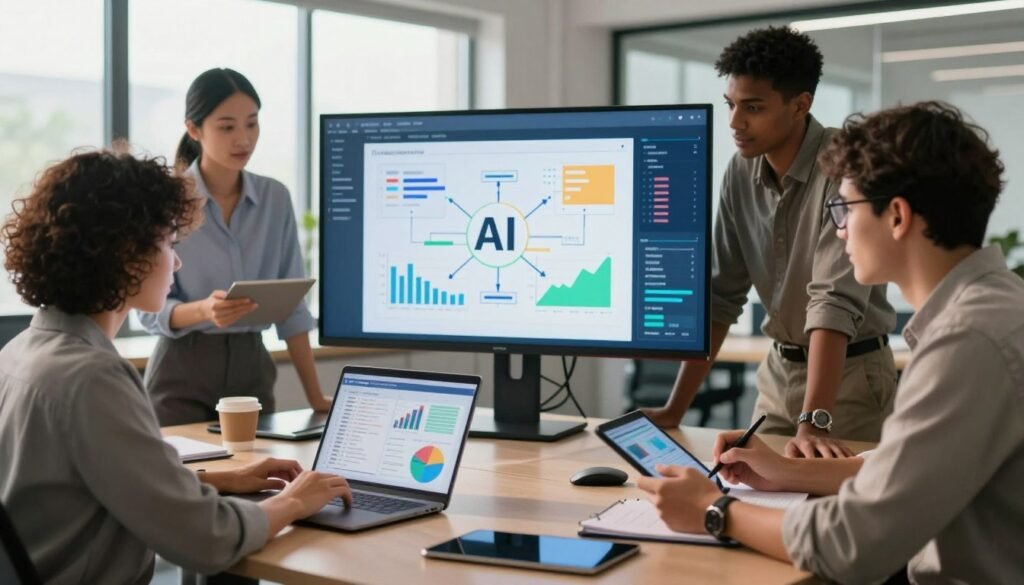 A modern office setting where a diverse group of professionals collaborates on a project to gather data for a custom AI model. In the foreground, a woman with curly hair in business attire is examining data on a laptop, while a man in glasses takes notes on a tablet. In the middle ground, a large screen displays colorful graphs and flowcharts related to AI, surrounded by digital interfaces showcasing datasets. The background features large windows letting in natural light, creating a bright and inviting atmosphere. The lighting is warm, with subtle shadows adding depth. The image captures a mood of focus and innovation, emphasizing teamwork and the excitement of building custom AI solutions. A modern office setting where a diverse group of professionals collaborates on a project to gather data for a custom AI model. In the foreground, a woman with curly hair in business attire is examining data on a laptop, while a man in glasses takes notes on a tablet. In the middle ground, a large screen displays colorful graphs and flowcharts related to AI, surrounded by digital interfaces showcasing datasets. The background features large windows letting in natural light, creating a bright and inviting atmosphere. The lighting is warm, with subtle shadows adding depth. The image captures a mood of focus and innovation, emphasizing teamwork and the excitement of building custom AI solutions.