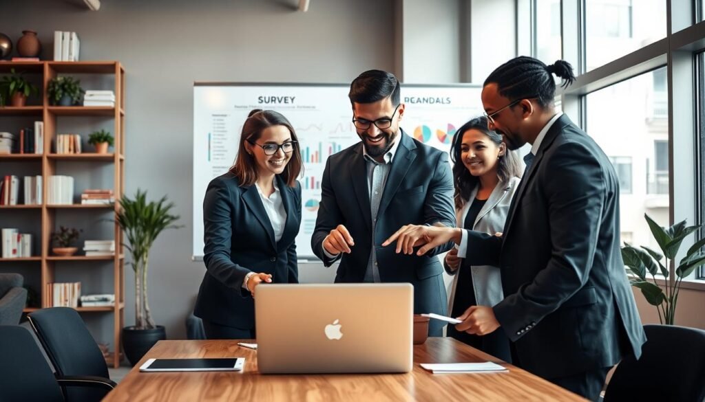 A modern office setting with a professional business atmosphere. In the foreground, a diverse group of three individuals, dressed in smart business attire, are engaged in an animated discussion over a laptop displaying a survey interface. One person, a woman with glasses, points at the screen while the others take notes. In the middle ground, a large whiteboard filled with colorful charts and graphs related to survey results captures attention. The background features shelves filled with books and plants, and large windows allowing natural light to fill the space, creating a bright and productive environment. The overall mood conveys collaboration and innovation, with warm lighting enhancing the sense of professionalism and engagement. A modern office setting with a professional business atmosphere. In the foreground, a diverse group of three individuals, dressed in smart business attire, are engaged in an animated discussion over a laptop displaying a survey interface. One person, a woman with glasses, points at the screen while the others take notes. In the middle ground, a large whiteboard filled with colorful charts and graphs related to survey results captures attention. The background features shelves filled with books and plants, and large windows allowing natural light to fill the space, creating a bright and productive environment. The overall mood conveys collaboration and innovation, with warm lighting enhancing the sense of professionalism and engagement.