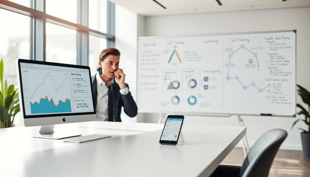 A modern office setting with a sleek, minimalist design, featuring a large desk with a computer displaying graphs and analytics related to call tracking. In the foreground, a focused business professional in smart attire is engaged in a phone conversation, with a look of concentration on their face. The middle ground shows a whiteboard filled with notes and flowcharts illustrating call tracking features, alongside a smartphone displaying call data. The background is softly blurred, showcasing a large window with natural light streaming in, creating a bright atmosphere. The color palette should evoke a sense of professionalism, with shades of blue, white, and gray. The overall mood should be one of productivity and innovation in enhancing conversion rates. A modern office setting with a sleek, minimalist design, featuring a large desk with a computer displaying graphs and analytics related to call tracking. In the foreground, a focused business professional in smart attire is engaged in a phone conversation, with a look of concentration on their face. The middle ground shows a whiteboard filled with notes and flowcharts illustrating call tracking features, alongside a smartphone displaying call data. The background is softly blurred, showcasing a large window with natural light streaming in, creating a bright atmosphere. The color palette should evoke a sense of professionalism, with shades of blue, white, and gray. The overall mood should be one of productivity and innovation in enhancing conversion rates.