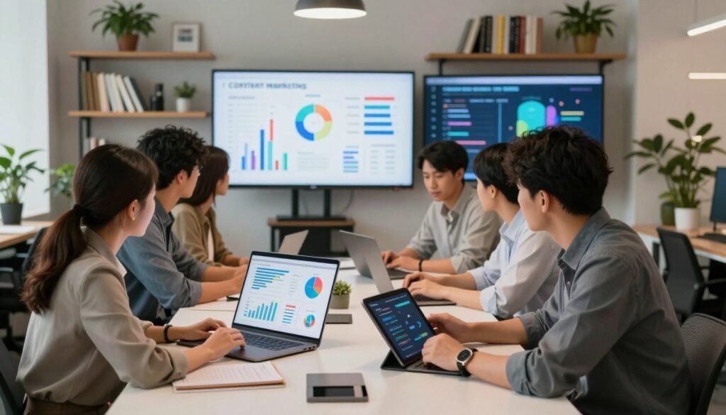 A modern office space showcasing digital marketing strategies, with a focus on content marketing and optimization. In the foreground, a diverse group of professionals, including a woman in business attire and a man in smart casual wear, collaborate around a sleek conference table, analyzing colorful charts and graphs displayed on a laptop and digital tablet. The middle ground features large screens on the walls displaying SEO analytics and social media metrics. The background reveals shelves lined with marketing books and plants for a vibrant touch. Soft, natural lighting envelops the scene, casting warm tones, evoking a productive and dynamic atmosphere. The perspective is slightly elevated, offering a comprehensive view of teamwork in action. A modern office space showcasing digital marketing strategies, with a focus on content marketing and optimization. In the foreground, a diverse group of professionals, including a woman in business attire and a man in smart casual wear, collaborate around a sleek conference table, analyzing colorful charts and graphs displayed on a laptop and digital tablet. The middle ground features large screens on the walls displaying SEO analytics and social media metrics. The background reveals shelves lined with marketing books and plants for a vibrant touch. Soft, natural lighting envelops the scene, casting warm tones, evoking a productive and dynamic atmosphere. The perspective is slightly elevated, offering a comprehensive view of teamwork in action.