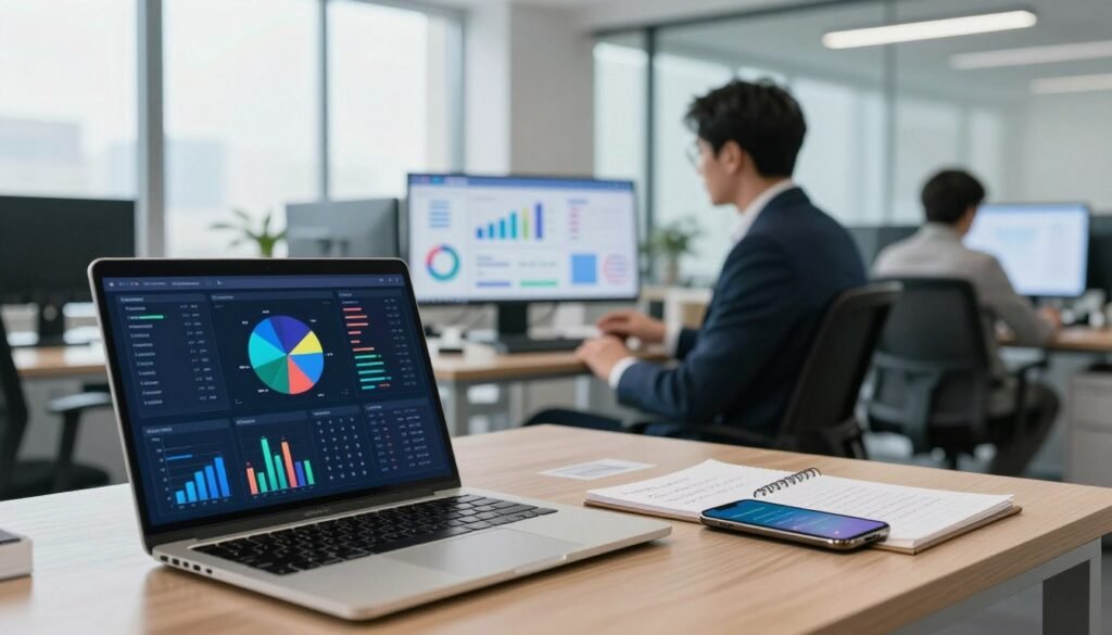 A modern office workspace depicting data analysis and reporting tools. In the foreground, a sleek laptop with a colorful data visualization dashboard open, displaying various charts and graphs. Beside it, a notepad with handwritten notes and a smartphone showing real-time survey results. In the middle ground, a professional in business attire, engaged in data interpretation, surrounded by digital screens showcasing analytical tools and report metrics. The background features a bright, airy office with large windows allowing natural light to flood in, creating a focus on productivity and collaboration. The atmosphere is one of innovation and efficiency, with soft lighting emphasizing the tech-savvy environment. The lens captures a clear, detailed view, evoking a sense of advanced technology and professional development. A modern office workspace depicting data analysis and reporting tools. In the foreground, a sleek laptop with a colorful data visualization dashboard open, displaying various charts and graphs. Beside it, a notepad with handwritten notes and a smartphone showing real-time survey results. In the middle ground, a professional in business attire, engaged in data interpretation, surrounded by digital screens showcasing analytical tools and report metrics. The background features a bright, airy office with large windows allowing natural light to flood in, creating a focus on productivity and collaboration. The atmosphere is one of innovation and efficiency, with soft lighting emphasizing the tech-savvy environment. The lens captures a clear, detailed view, evoking a sense of advanced technology and professional development.