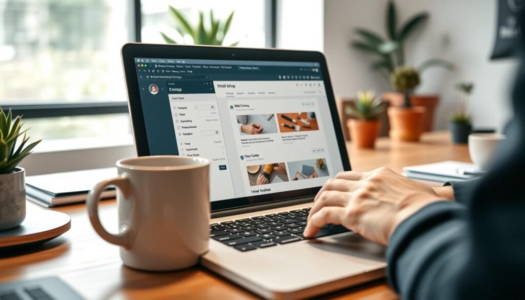 A modern office workspace featuring a laptop open to the Mailchimp email setup interface. In the foreground, there's a close-up view of a hand typing on the keyboard, focusing on an email template being edited. In the middle, a coffee mug sits beside the laptop, reflecting a warm, inviting atmosphere. The background showcases a well-organized desk with potted plants, and natural light filtering through a window, creating a bright and productive environment. The overall mood is professional yet relaxed, designed to convey efficiency and focus. The image is captured with a soft focus lens to emphasize the laptop and the user's hand, creating an inviting scene for readers interested in email marketing setup. A modern office workspace featuring a laptop open to the Mailchimp email setup interface. In the foreground, there's a close-up view of a hand typing on the keyboard, focusing on an email template being edited. In the middle, a coffee mug sits beside the laptop, reflecting a warm, inviting atmosphere. The background showcases a well-organized desk with potted plants, and natural light filtering through a window, creating a bright and productive environment. The overall mood is professional yet relaxed, designed to convey efficiency and focus. The image is captured with a soft focus lens to emphasize the laptop and the user's hand, creating an inviting scene for readers interested in email marketing setup.