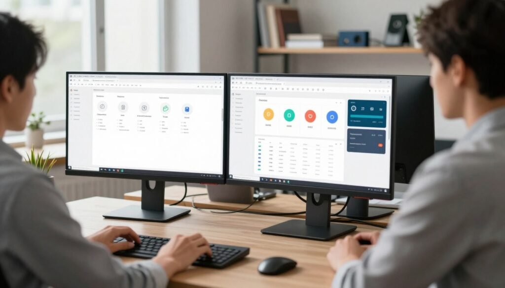 A modern office workspace featuring a sleek computer desk equipped with two monitors displaying a sophisticated workflow integration browser extension interface. In the foreground, a person dressed in professional business attire is focused on the screens, analyzing data and visualizations. The middle ground highlights digital tools and icons representing integration with various applications, subtly blending into the surroundings. Soft, natural lighting streams in from a nearby window, creating an inviting atmosphere. In the background, shelves filled with neatly arranged books and tech gadgets suggest a high-tech environment. The overall mood reflects productivity, innovation, and seamless compatibility within a corporate setting, illustrating the essence of integrating AI into everyday business workflows. A modern office workspace featuring a sleek computer desk equipped with two monitors displaying a sophisticated workflow integration browser extension interface. In the foreground, a person dressed in professional business attire is focused on the screens, analyzing data and visualizations. The middle ground highlights digital tools and icons representing integration with various applications, subtly blending into the surroundings. Soft, natural lighting streams in from a nearby window, creating an inviting atmosphere. In the background, shelves filled with neatly arranged books and tech gadgets suggest a high-tech environment. The overall mood reflects productivity, innovation, and seamless compatibility within a corporate setting, illustrating the essence of integrating AI into everyday business workflows.