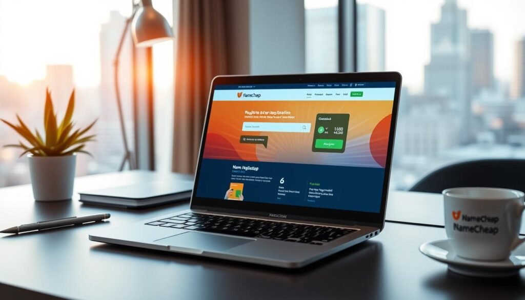 A modern office workspace featuring a sleek laptop displaying the Namecheap website interface, prominently showcasing a domain registration process. In the foreground, an elegant desktop setup with a stylish desk, a potted plant, and a cup of coffee creates a professional atmosphere. In the middle ground, the laptop screen is illuminated with vibrant colors, highlighting the user-friendly interface of Namecheap. The background shows a softly blurred cityscape through a window, bathed in natural light that adds warmth to the scene. The overall mood is focused and productive, capturing the experience of registering and managing a domain seamlessly. A modern office workspace featuring a sleek laptop displaying the Namecheap website interface, prominently showcasing a domain registration process. In the foreground, an elegant desktop setup with a stylish desk, a potted plant, and a cup of coffee creates a professional atmosphere. In the middle ground, the laptop screen is illuminated with vibrant colors, highlighting the user-friendly interface of Namecheap. The background shows a softly blurred cityscape through a window, bathed in natural light that adds warmth to the scene. The overall mood is focused and productive, capturing the experience of registering and managing a domain seamlessly.